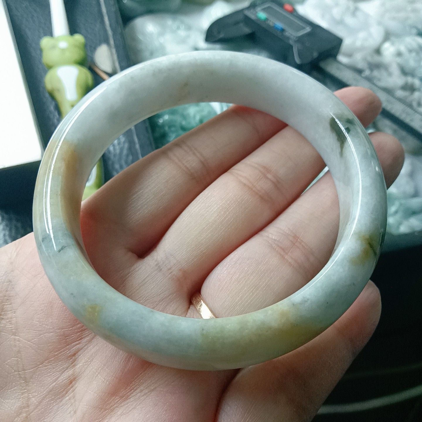 缅甸天然翡翠玉A货飘花平安手镯圈口59.6/14.9/8.1mm