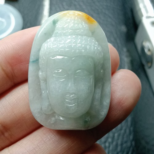 缅甸天然翡翠A货飘花带一点黄翡佛头吊坠