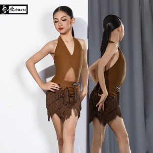 皇朝拉丁舞服露背无袖练习演出服新款流苏裙女童舞裙H6309+H7251