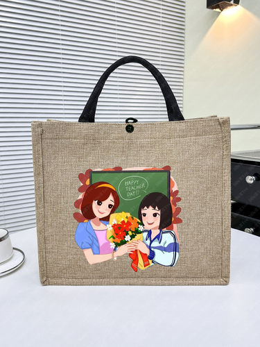 跨境热卖Teacher 印花亚麻包单肩包教师节礼物学生手提购物袋