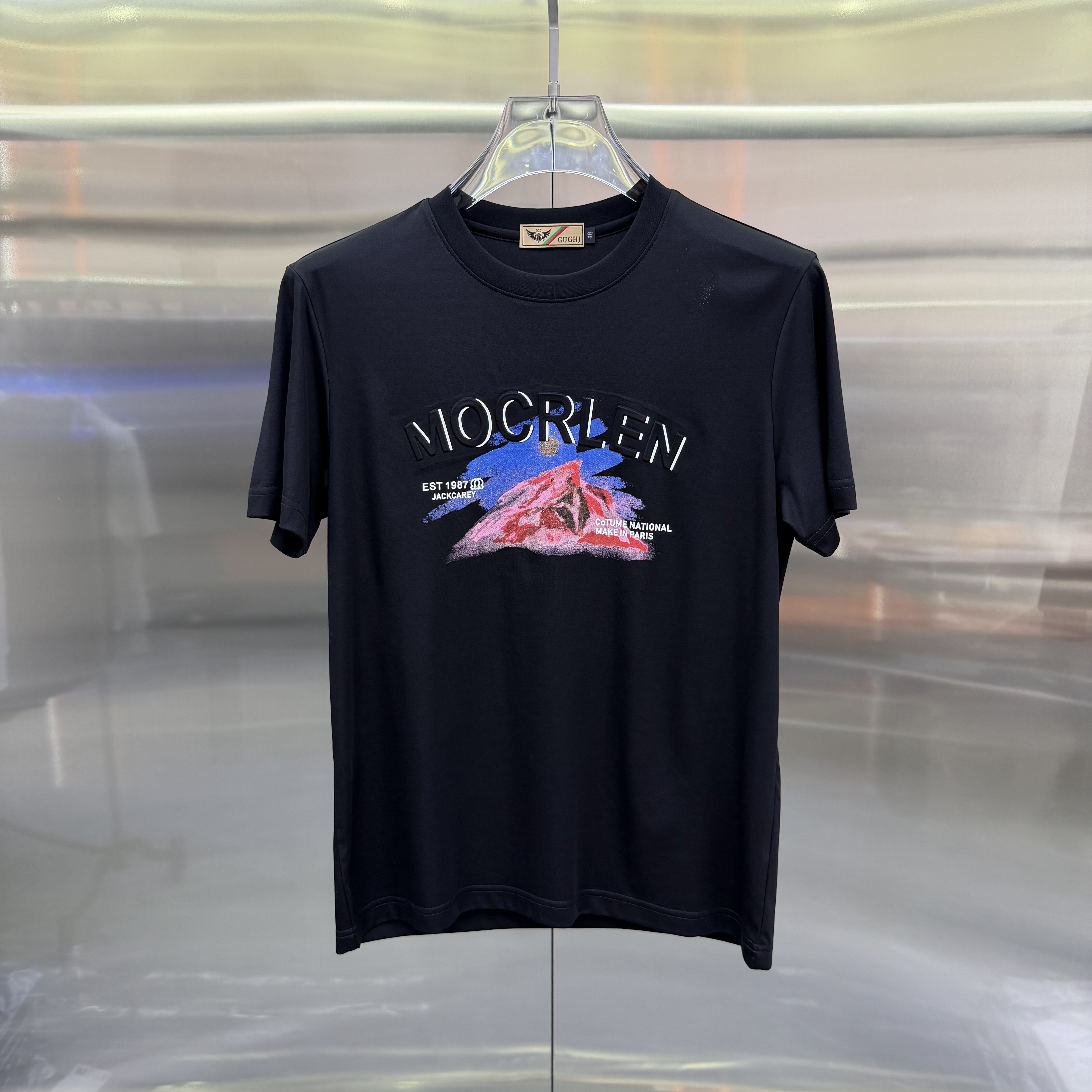 2026夏季欧货时尚莫代尔钢印压花字母山脉圆领修身弹力短袖T恤潮