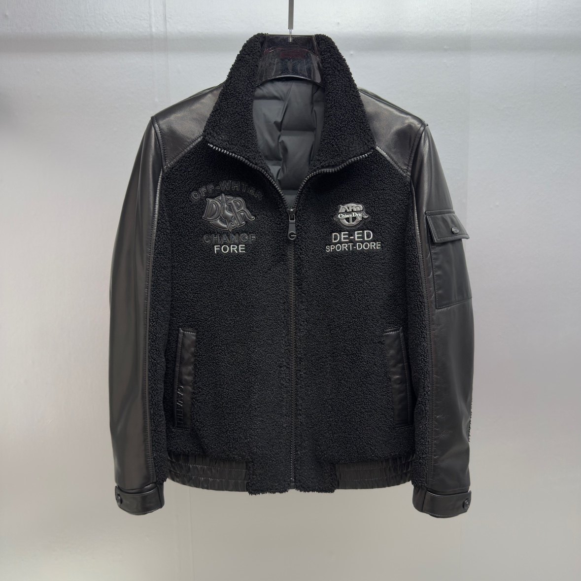 男士羊羔绒真皮拼接立领夹克