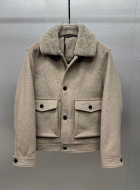 欧洲站2025冬季时尚高端大气翻领羊毛夹克男士休闲保暖白鹅绒外套