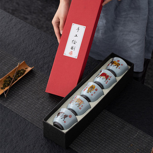 五牛图羊脂玉瓷高档茶杯套装陶瓷中式复古牛年礼品主人杯品茗杯