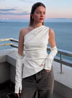 Women's street sloping collar leather vest with sleeve tops