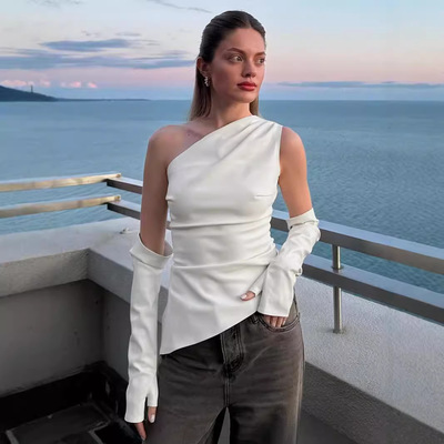 Women's street sloping collar leather vest with sleeve tops