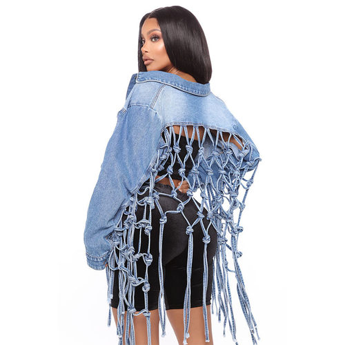 punk Back grid fringe denim jacket Women's sexy coat clothes