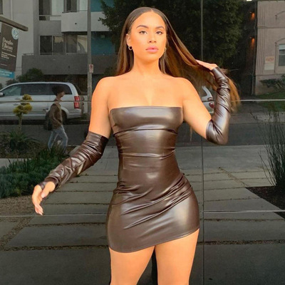 Sleeve collar slim fit hip hugging sexy leather dress women