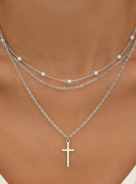 Minimally designed pearl cross necklace set necklaces 项链女