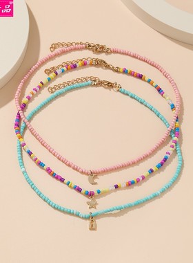 3-Piece Set Lock Pendant Rice Bead Bohemian Short Necklace