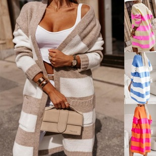 loose knitted Striped women length cardigan mid Sweater