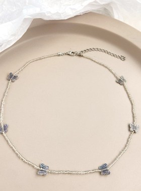 Handmade beaded Necklace simple rice bead butterfly choker饰