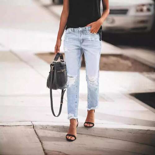 Ripped Jeans Women's Retro Fashion Denim straight-leg Pants