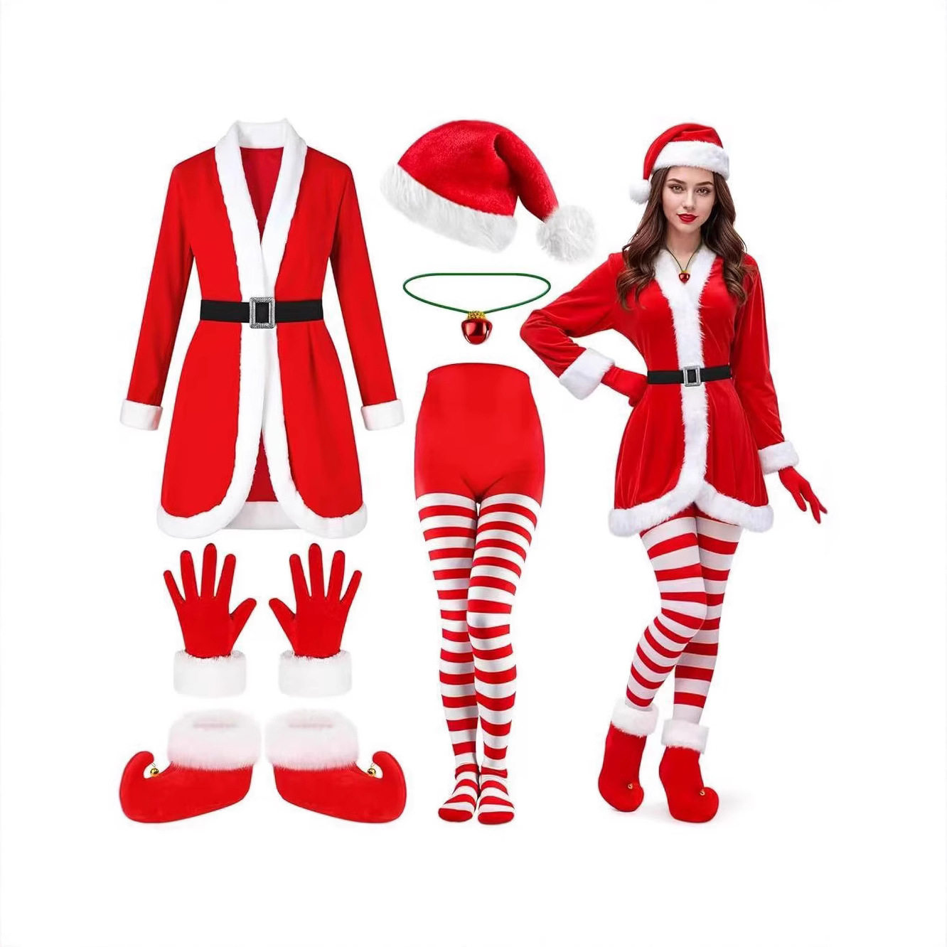 Women Santa Claus costume Red Dress Pantyhose Set  Christmas