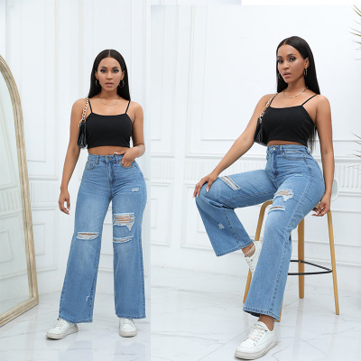 Women Stretch Loose Pants Jeans Denim Ripped wide leg pants