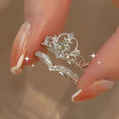 皇冠结婚对戒食指钻戒开口戒指