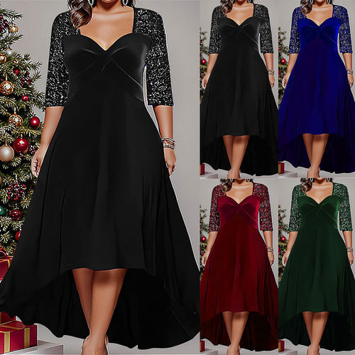 plus size women's glitter Spring long sleeved beaded dress裙