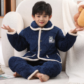 儿童睡衣男童冬季 加厚款 法兰绒三层夹棉加绒男孩女童珊瑚绒家居服
