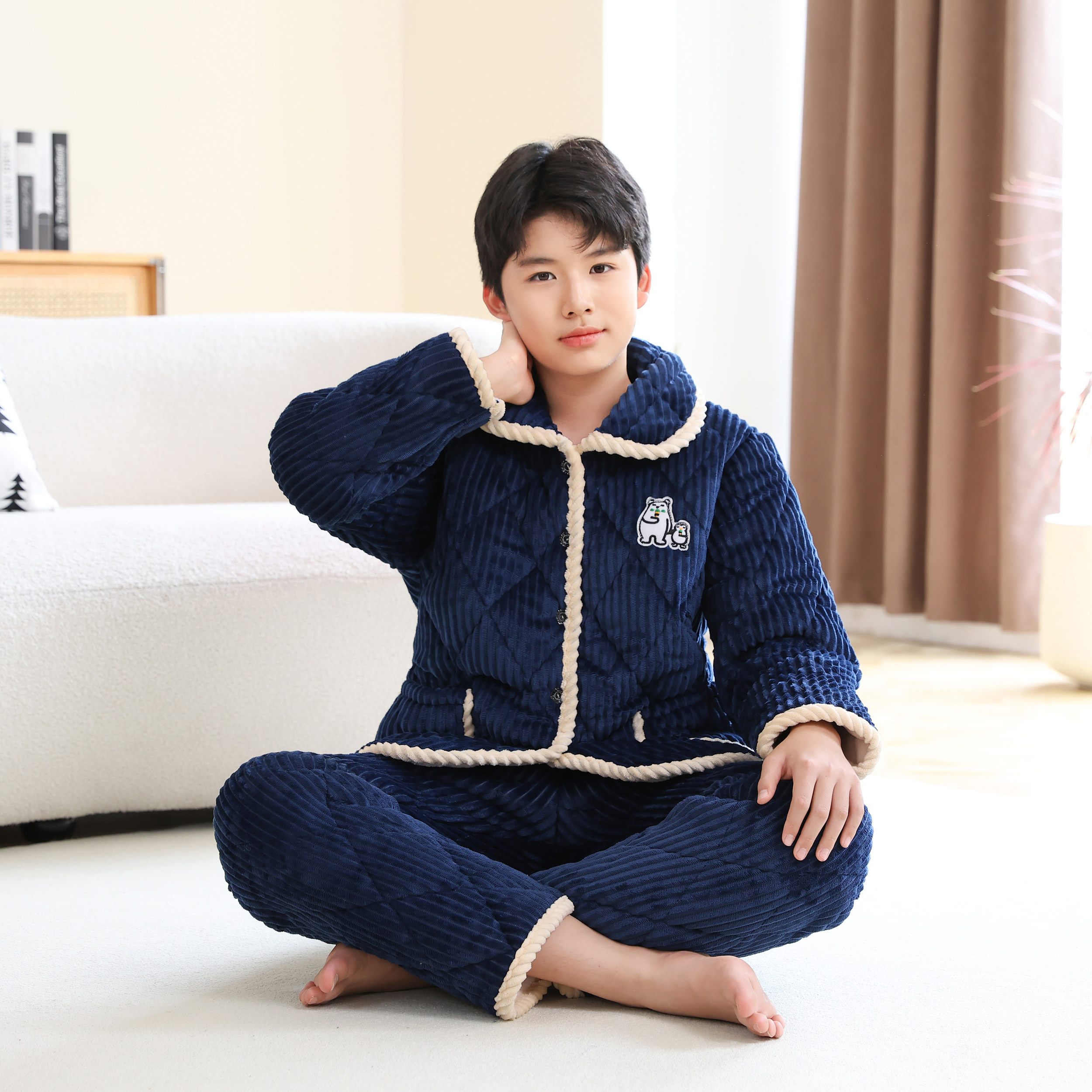冬季青少年大童夹棉珊瑚绒睡衣三层法兰绒家居服男孩套装男童加厚