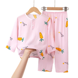 女童棉绸睡衣夏季儿童薄款长袖家居服女孩男童宝宝绵绸空调服套装