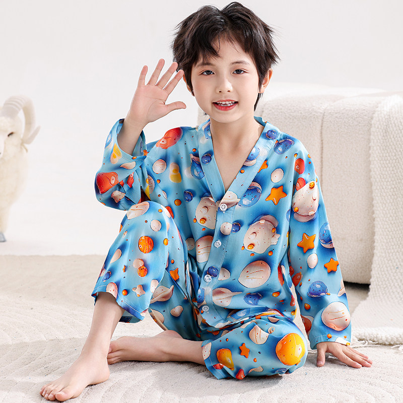 儿童薄款睡衣夏季男童莱赛尔长袖套装女童棉绸宝宝绵绸空调家居服