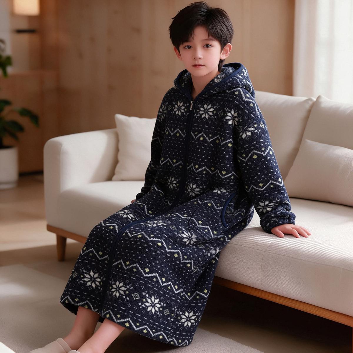费尔岛珊瑚绒睡袍拉链连帽长款保暖家居服睡衣加厚加绒冬季儿童装