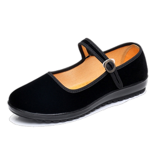黑色带盼工作鞋女酒店女士布鞋拉带布鞋女鞋平绒一带平跟
