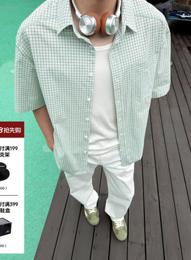 SANBAI 叁佰【薄荷少年】新款绿色格纹短袖衬衫男士夏季休闲上衣