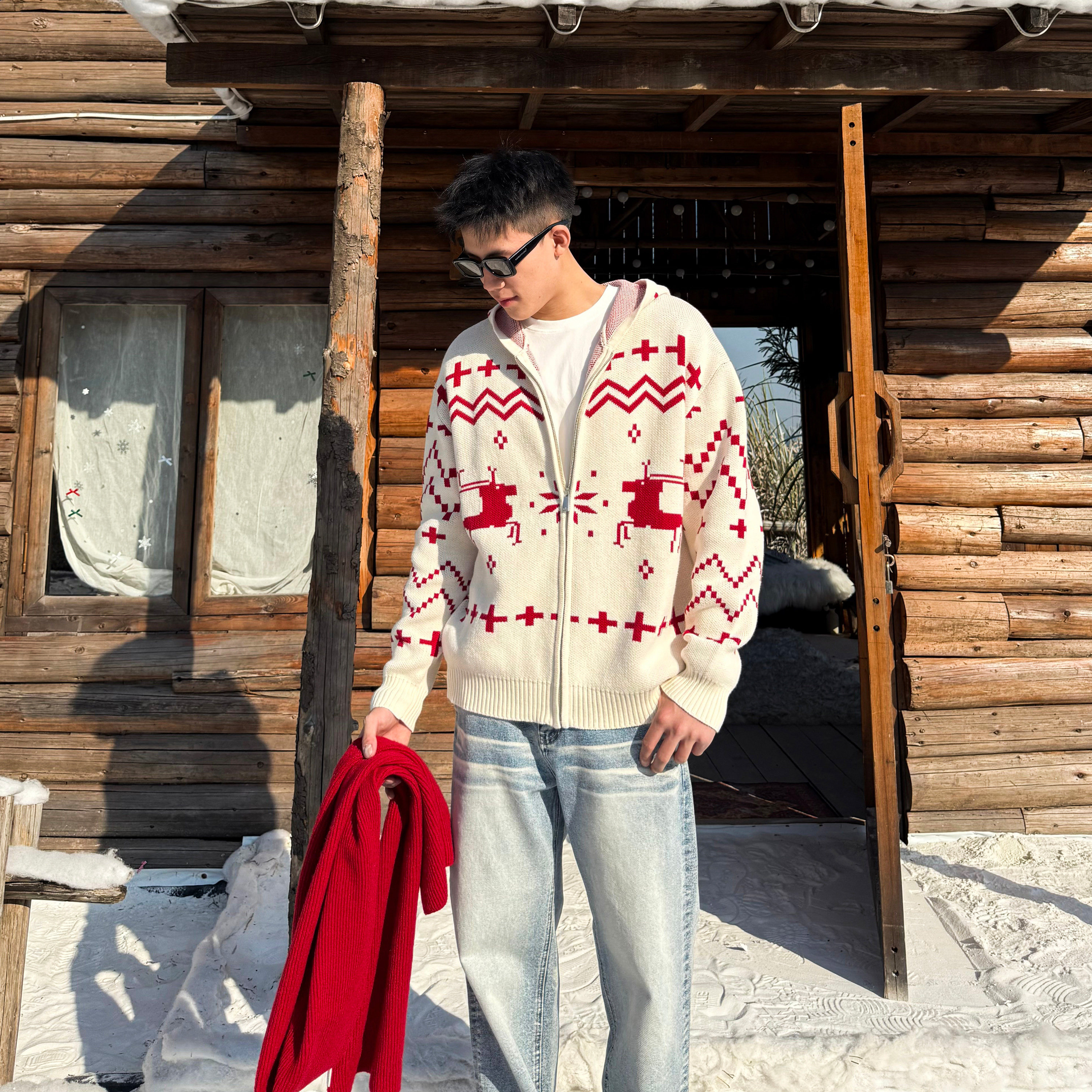 SANBAI叁佰麋鹿提花连帽针织开衫