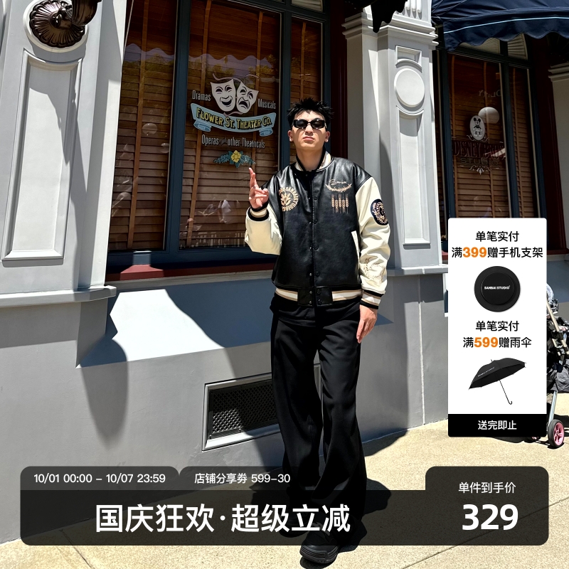 SANBAI黑色麦穗刺绣棒球夹克棉服