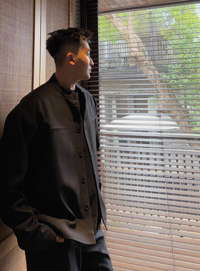 SANBAI 叁佰【空庭简】黑色西装夹克男士新中式休闲宽松立领外套