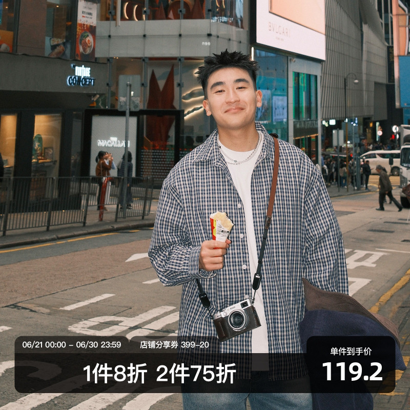 SANBAI 叁佰【Miu系蓝格子衬衫】男春秋新款休闲美式复古长袖衬衣