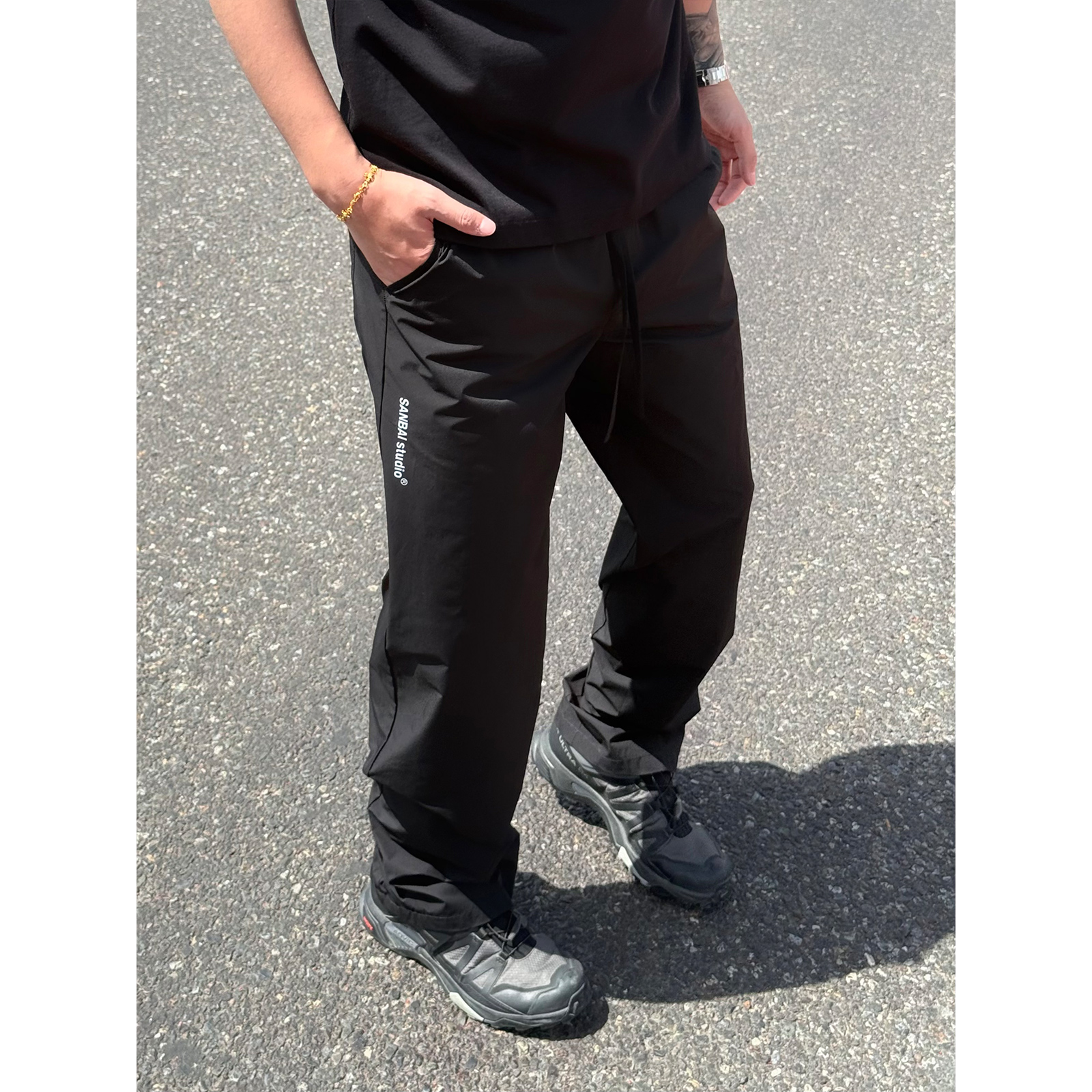 SANBAI叁佰黑色反光字母直筒长裤