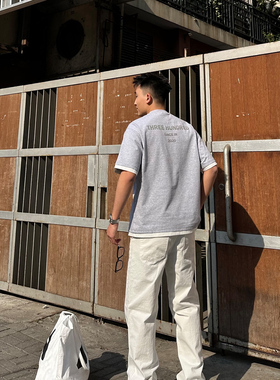 SANBAI 叁佰【假两件字母T】灰色印花短袖男夏季宽松圆领休闲半袖