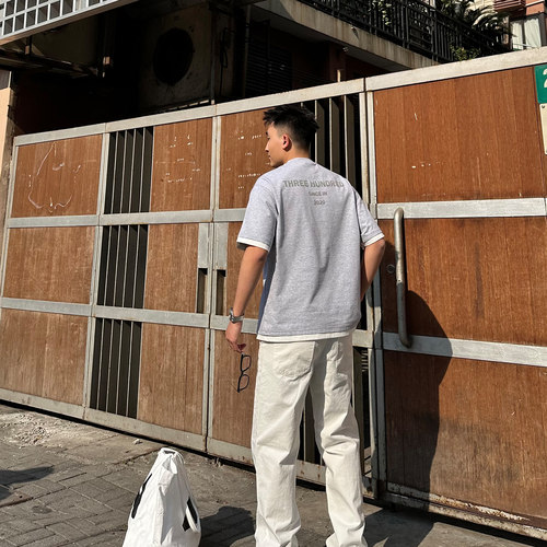 SANBAI叁佰灰色假两件字母T恤