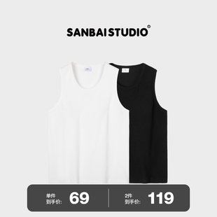 叁佰 健身运动纯色宽松打底衫 立体坑条背心 新款 男夏季 SANBAI