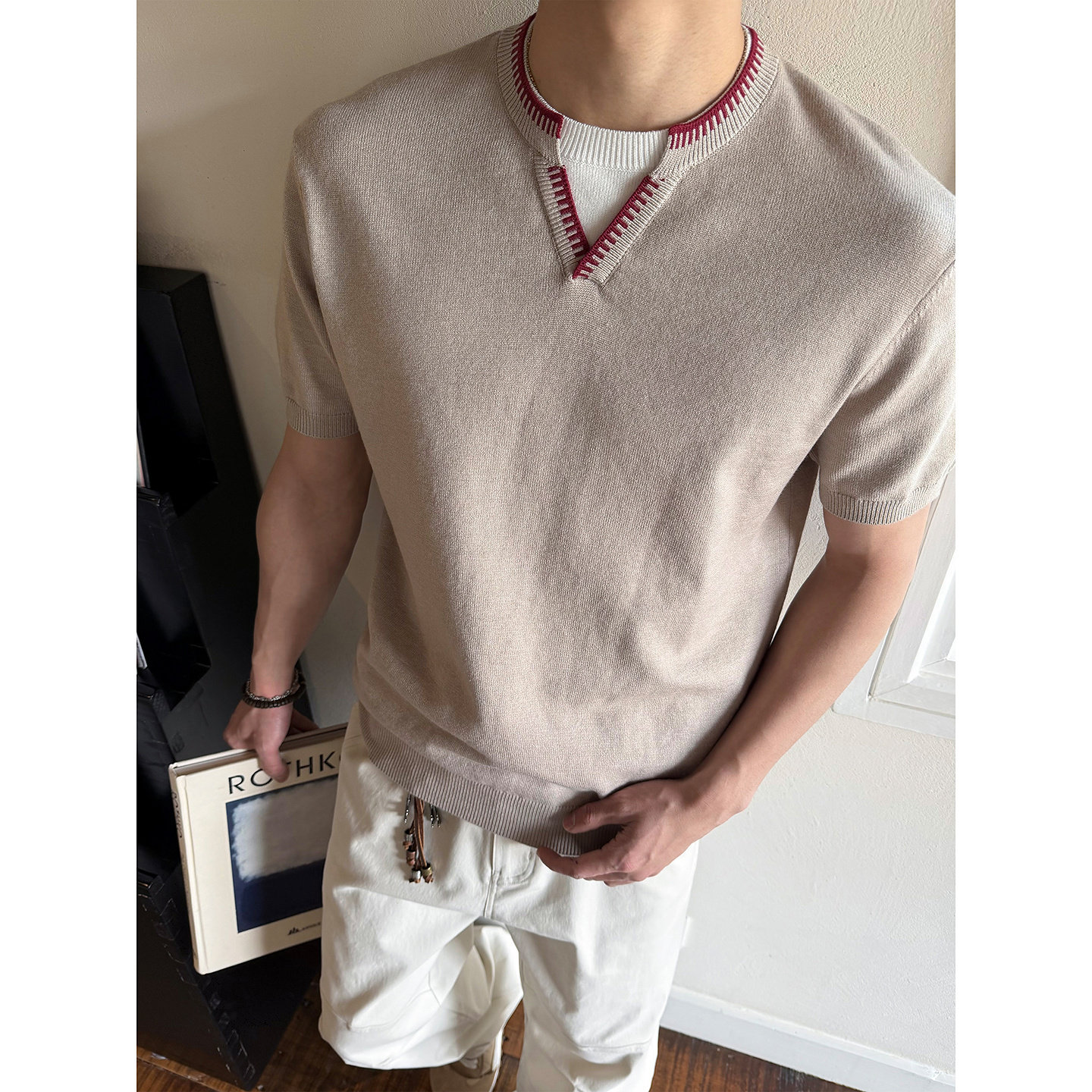 SANBAI叁佰【假两件毛衫】春季假两件短袖针织衫男美式修身V领T恤