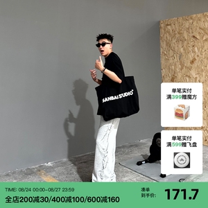 SANBAI 叁佰灰色荆棘卫裤男宽松直筒休闲裤美式运动纯棉裤子 385g