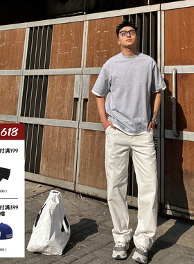 SANBAI 叁佰【300克珠帆】帆布基础长裤男夏季白色直筒休闲牛仔裤