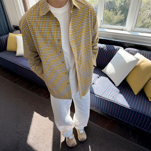 叁佰柠檬黄格子长袖衬衫