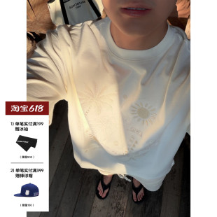 SANBAI 叁佰【海岛】美式宽松刺绣短袖男士椰林海岸210G肌理感T恤