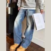 荒野牛王 美式 直筒牛仔裤 SANBAI叁佰 男14.4盎司休闲水洗蓝长裤