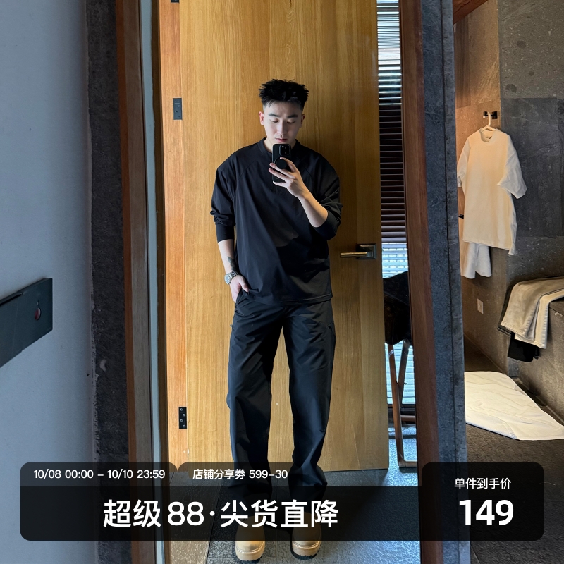 SANBAI 叁佰【军鸟】黑色拉链冲锋休闲裤男秋户外战术腰带直筒裤