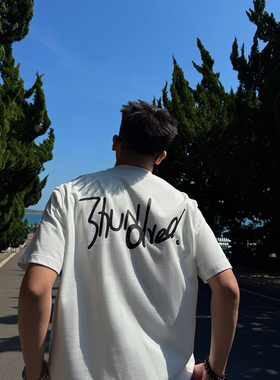 SANBAI 叁佰【随性】白色手绘纯棉短袖男夏季圆领宽松休闲潮流T恤