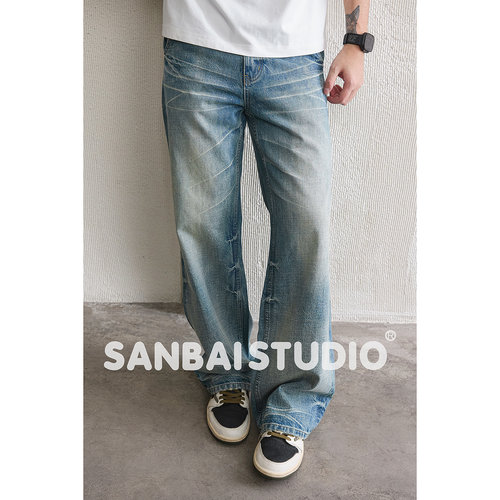 SANBAI叁佰泥染水洗微喇牛仔裤