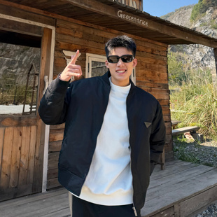 SANBAI叁佰【伦敦】黑色胸针羽绒服新款保暖美式飞行夹克外套