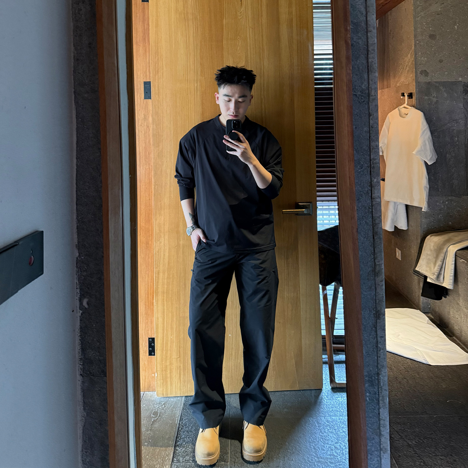 SANBAI 叁佰【军鸟】黑色拉链冲锋休闲裤男秋户外战术腰带直筒裤