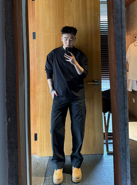 SANBAI 叁佰【军鸟】黑色拉链冲锋休闲裤男秋户外战术腰带直筒裤