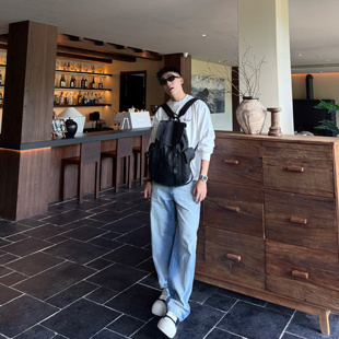 做旧水洗牛仔裤 复古竹节蓝牛 男春季 新款 SANBAI 直筒美式 叁佰