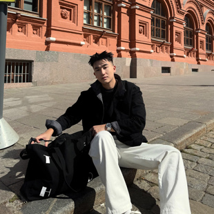 SANBAI 哈灵顿 水洗复古夹克男春季 休闲格纹拼接立领外套 叁佰